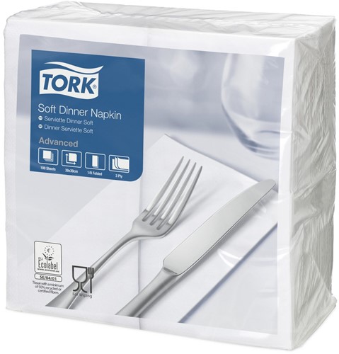 Tork Soft Dinnerservet, 39x39cm, 3-laags, 1/8 vouw, Wit