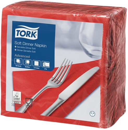 Tork Soft Dinnerservet, 39x39cm, 3-laags, 1/4 vouw, Rood